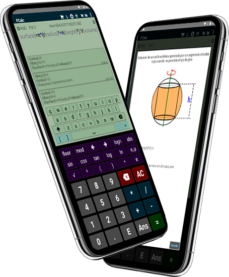 Two Android phones showing formula entry and evaluation in fCalc