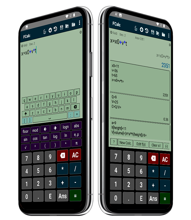 fCalc shown before and after evaluating a sequence of formulas on Android